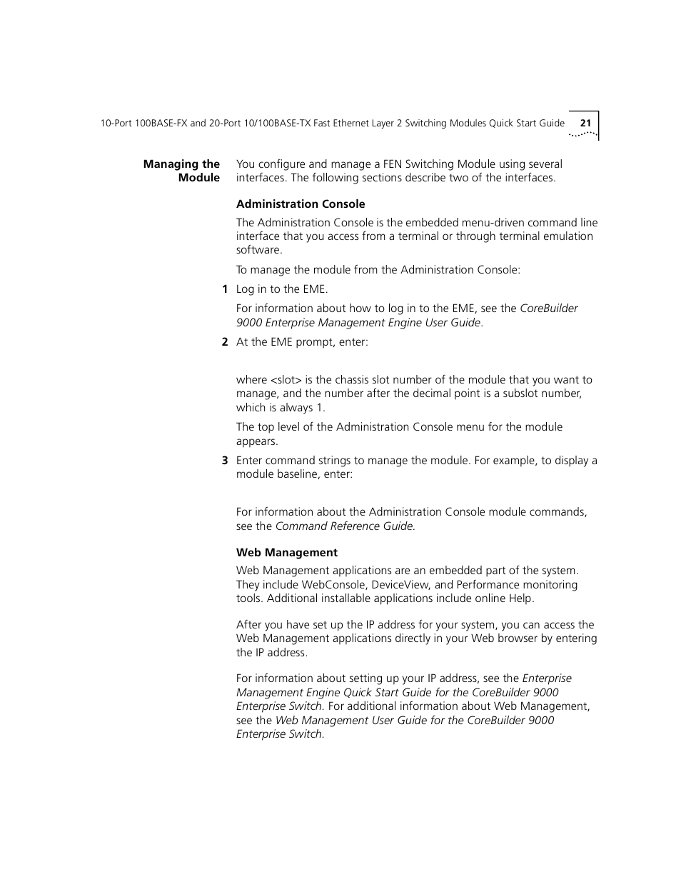 Managing the module, Administration console, Web management | 3Com 100BASE-FX User Manual | Page 21 / 28