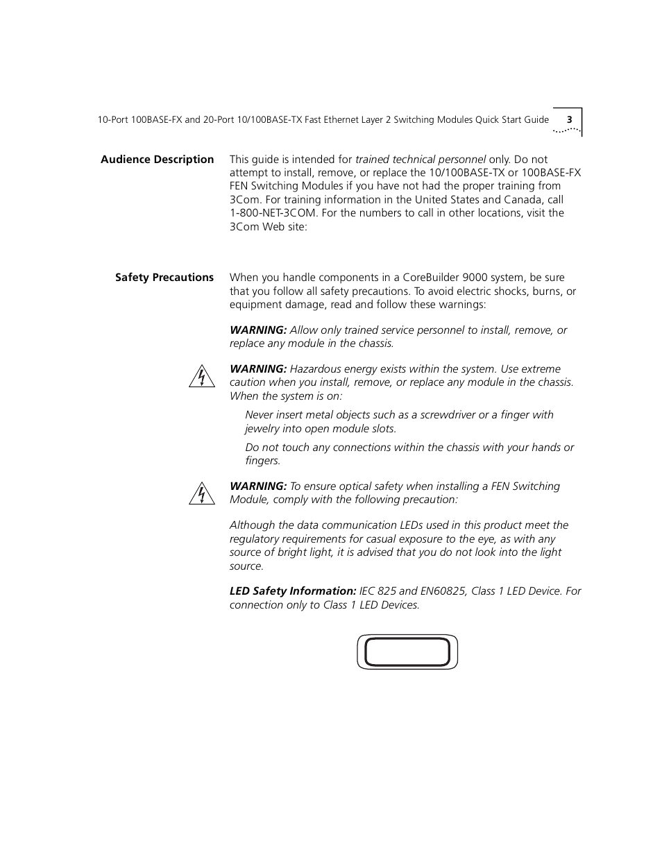 Audience description, Safety precautions | 3Com 100BASE-FX User Manual | Page 3 / 28
