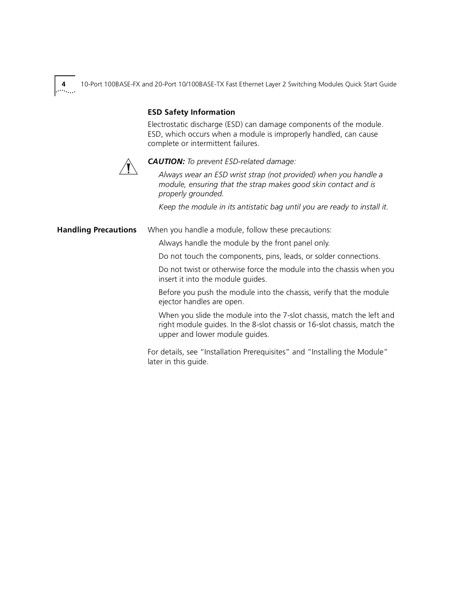 Esd safety information, Handling precautions | 3Com 100BASE-FX User Manual | Page 4 / 28