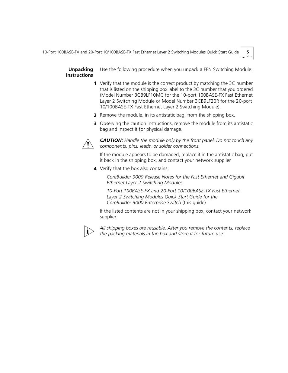 Unpacking instructions | 3Com 100BASE-FX User Manual | Page 5 / 28
