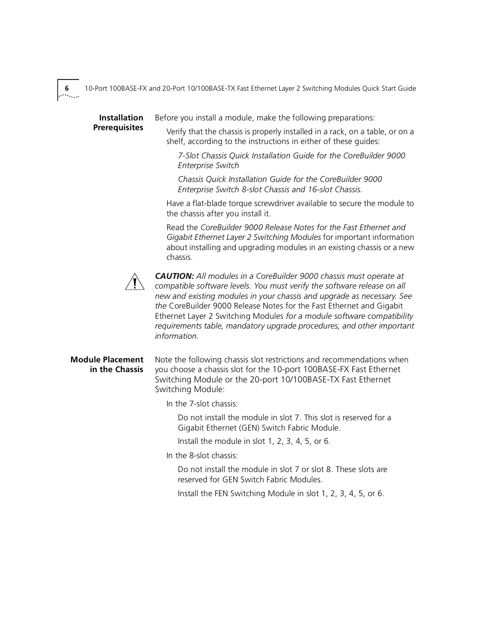 Installation prerequisites, Module placement inthechassis | 3Com 100BASE-FX User Manual | Page 6 / 28