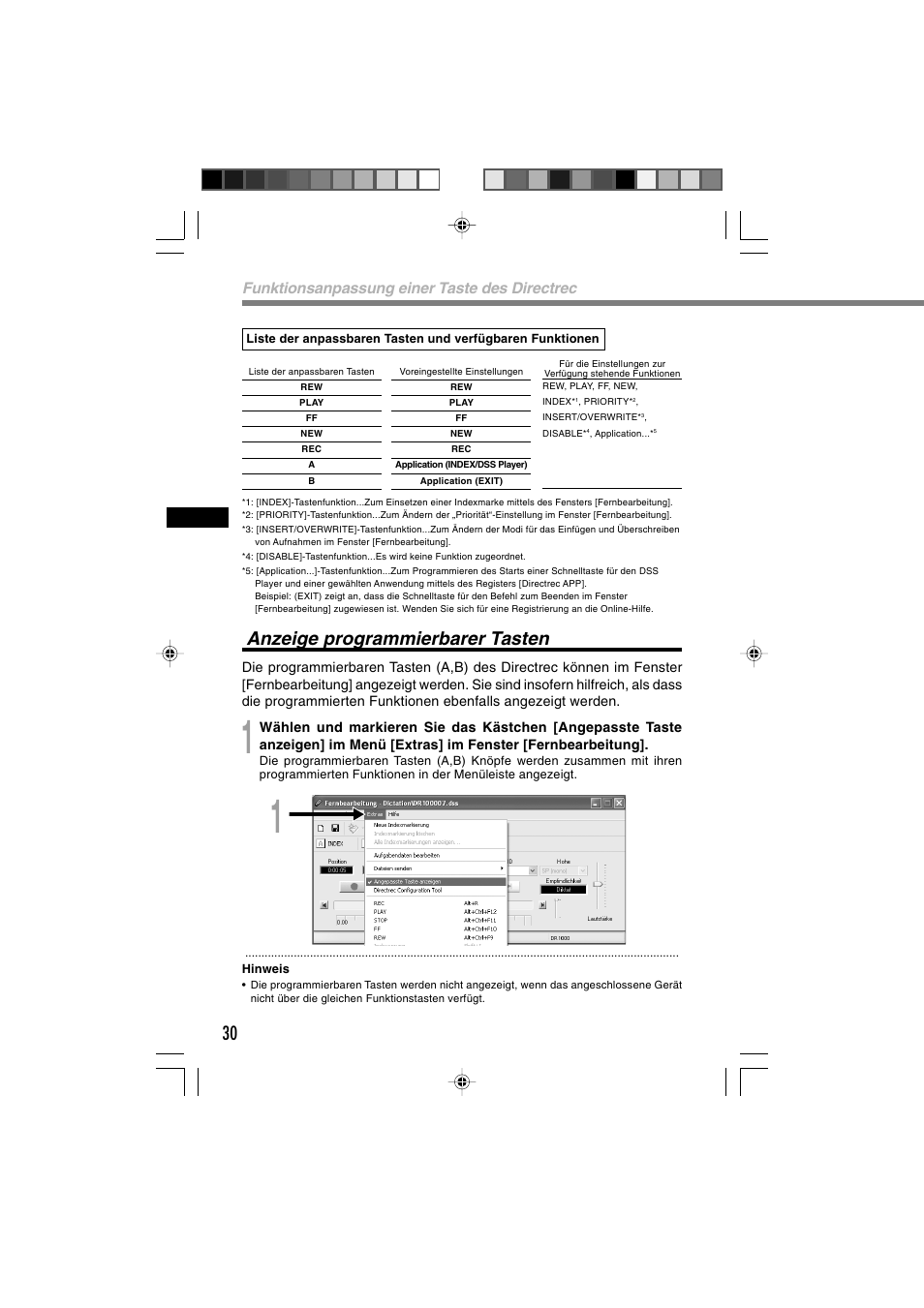 Anzeige programmierbarer tasten, Funktionsanpassung einer taste des directrec | Olympus DR-1000 User Manual | Page 100 / 108