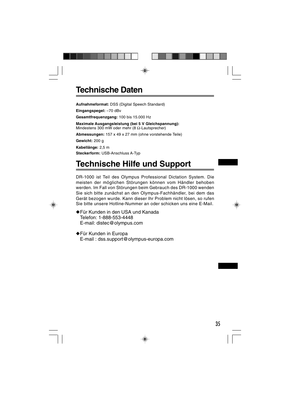 Technische daten, Technische hilfe und support | Olympus DR-1000 User Manual | Page 105 / 108