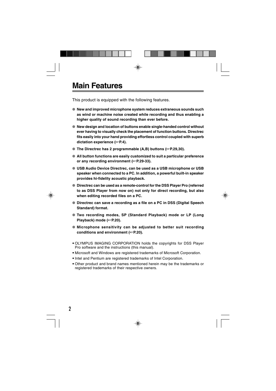 Main features | Olympus DR-1000 User Manual | Page 2 / 108