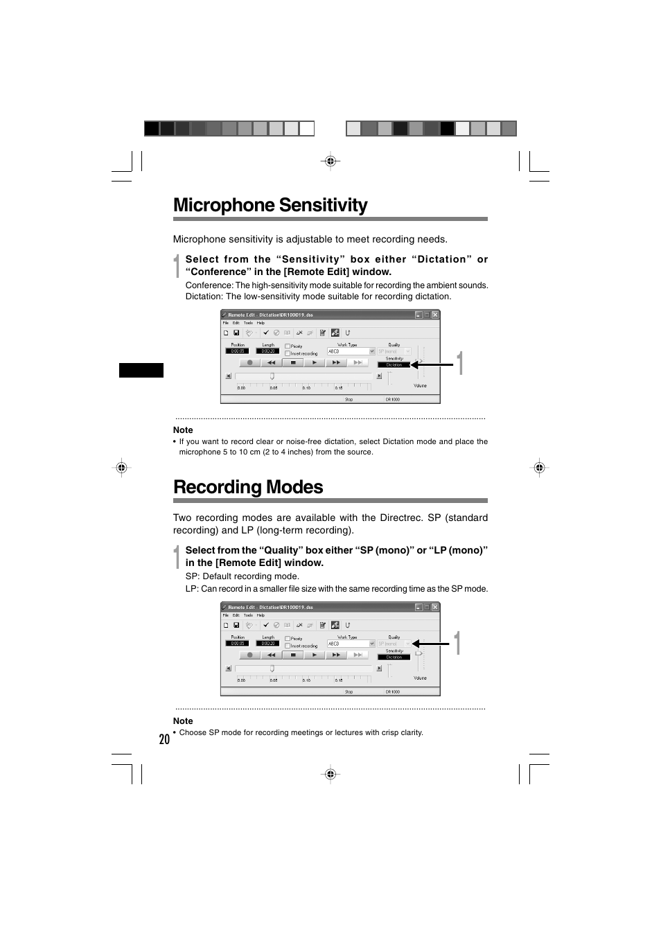 Microphone sensitivity, Recording modes | Olympus DR-1000 User Manual | Page 20 / 108