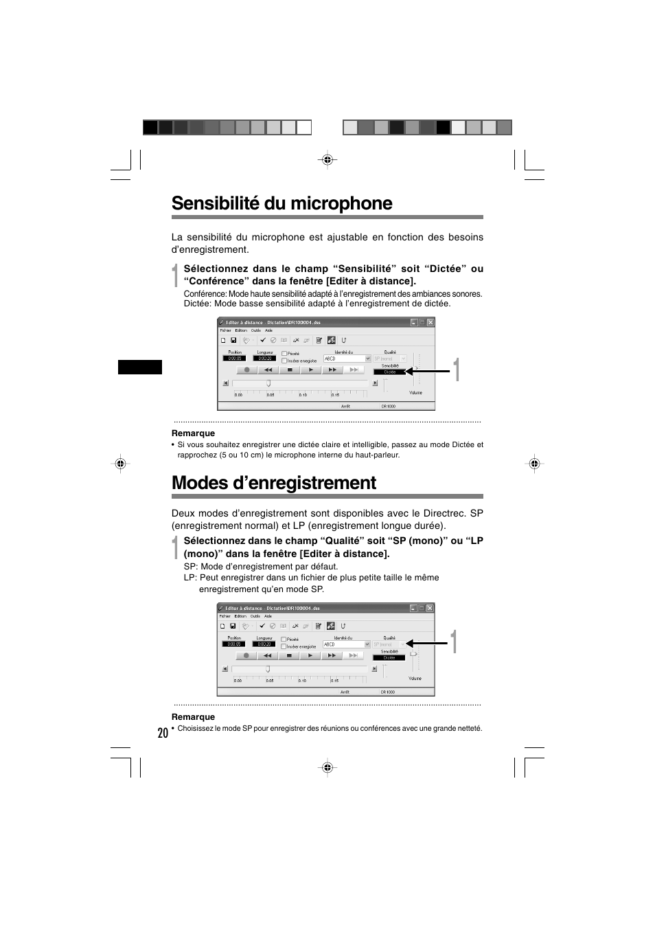 Sensibilité du microphone, Modes d’enregistrement | Olympus DR-1000 User Manual | Page 55 / 108