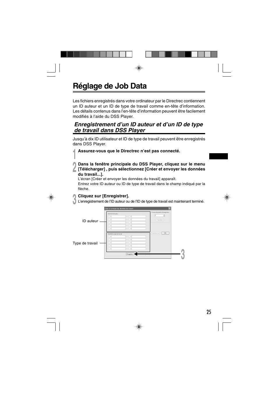 Réglage de job data | Olympus DR-1000 User Manual | Page 60 / 108