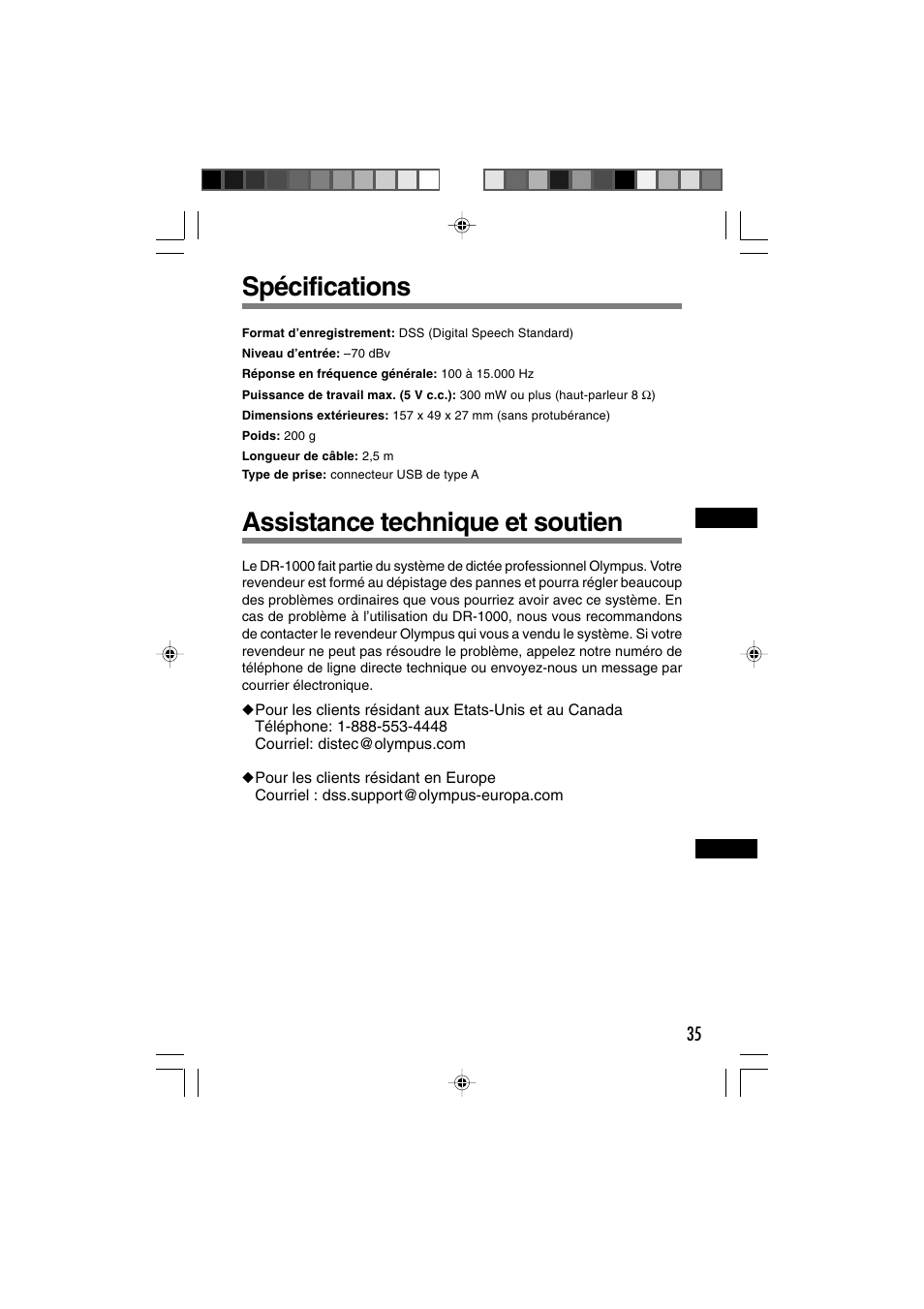 Spécifications assistance technique et soutien | Olympus DR-1000 User Manual | Page 70 / 108