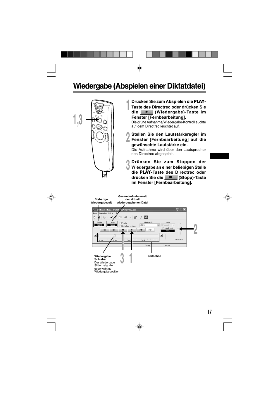 Wiedergabe (abspielen einer diktatdatei) | Olympus DR-1000 User Manual | Page 87 / 108