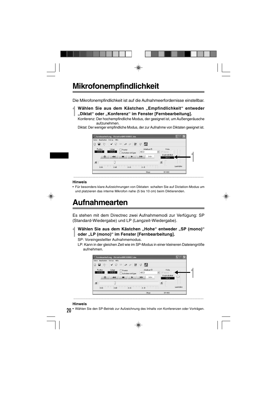 Mikrofonempfindlichkeit, Aufnahmearten | Olympus DR-1000 User Manual | Page 90 / 108