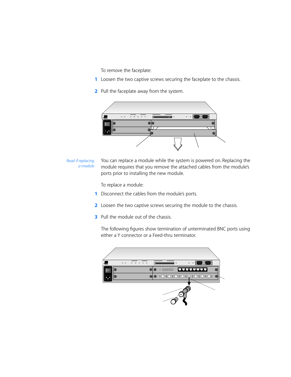 Read if replacing a module, Captive screw faceplate, Captive screw bnc terminating plug | 3Com 10BASE-2 User Manual | Page 3 / 6