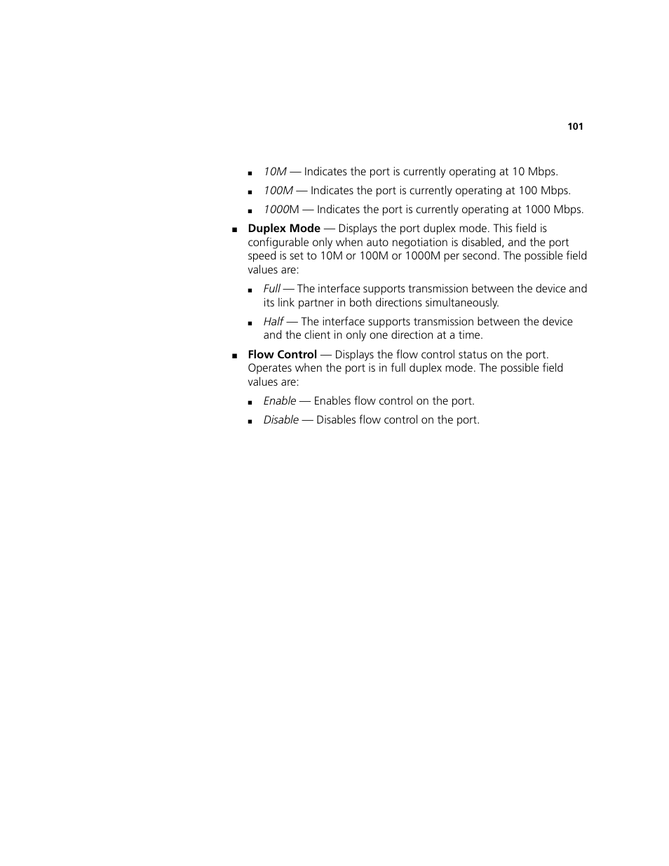 Enable — enables flow control on the port, Disable — disables flow control on the port | 3Com 2924-PWR User Manual | Page 101 / 248