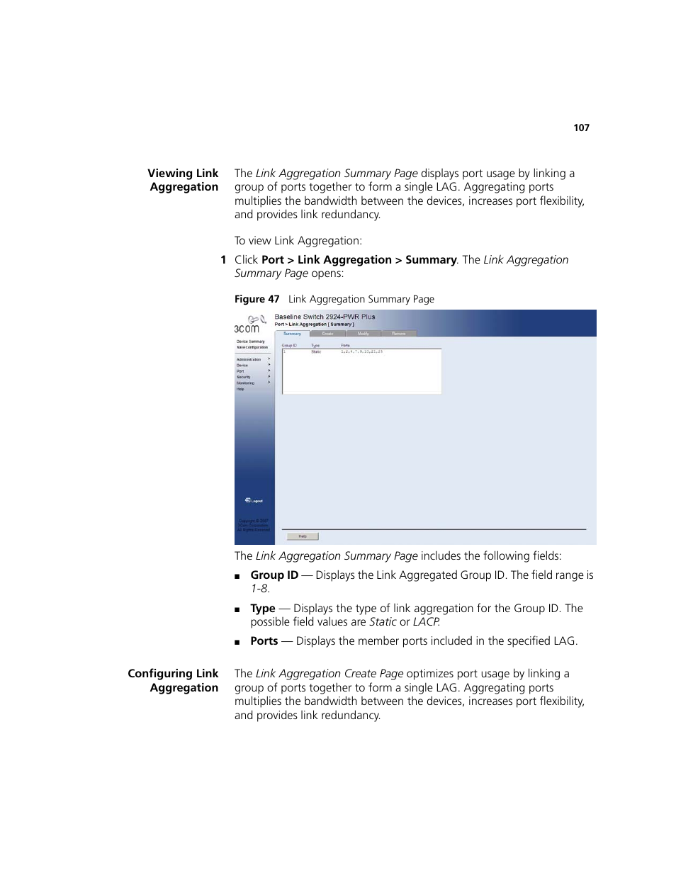 Viewing link aggregation, Configuring link aggregation | 3Com 2924-PWR User Manual | Page 107 / 248