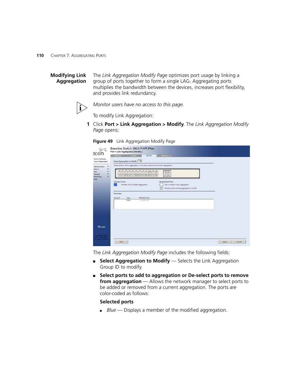 Modifying link aggregation | 3Com 2924-PWR User Manual | Page 110 / 248