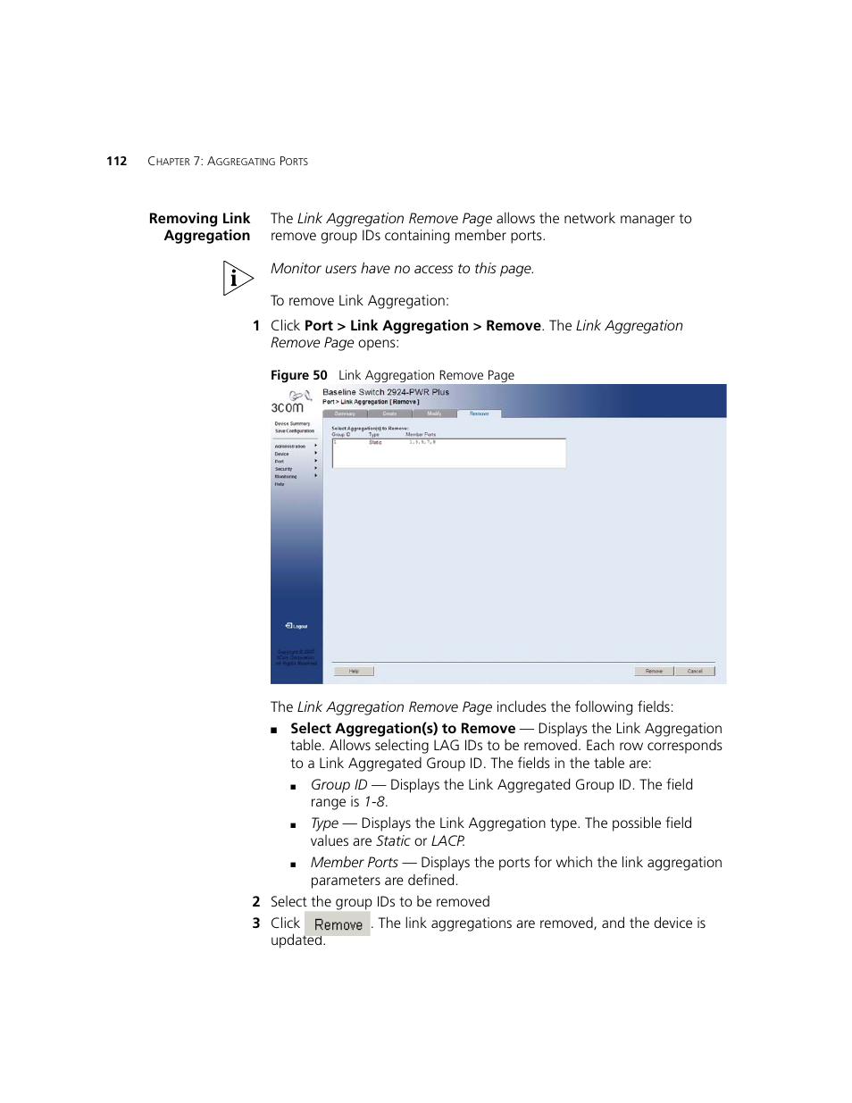 Removing link aggregation | 3Com 2924-PWR User Manual | Page 112 / 248