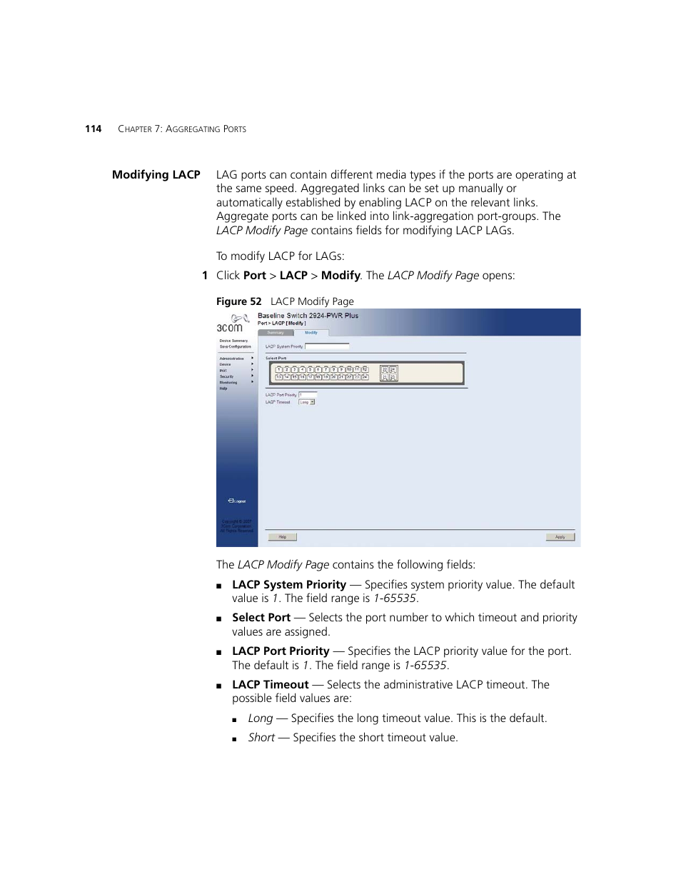 Modifying lacp | 3Com 2924-PWR User Manual | Page 114 / 248