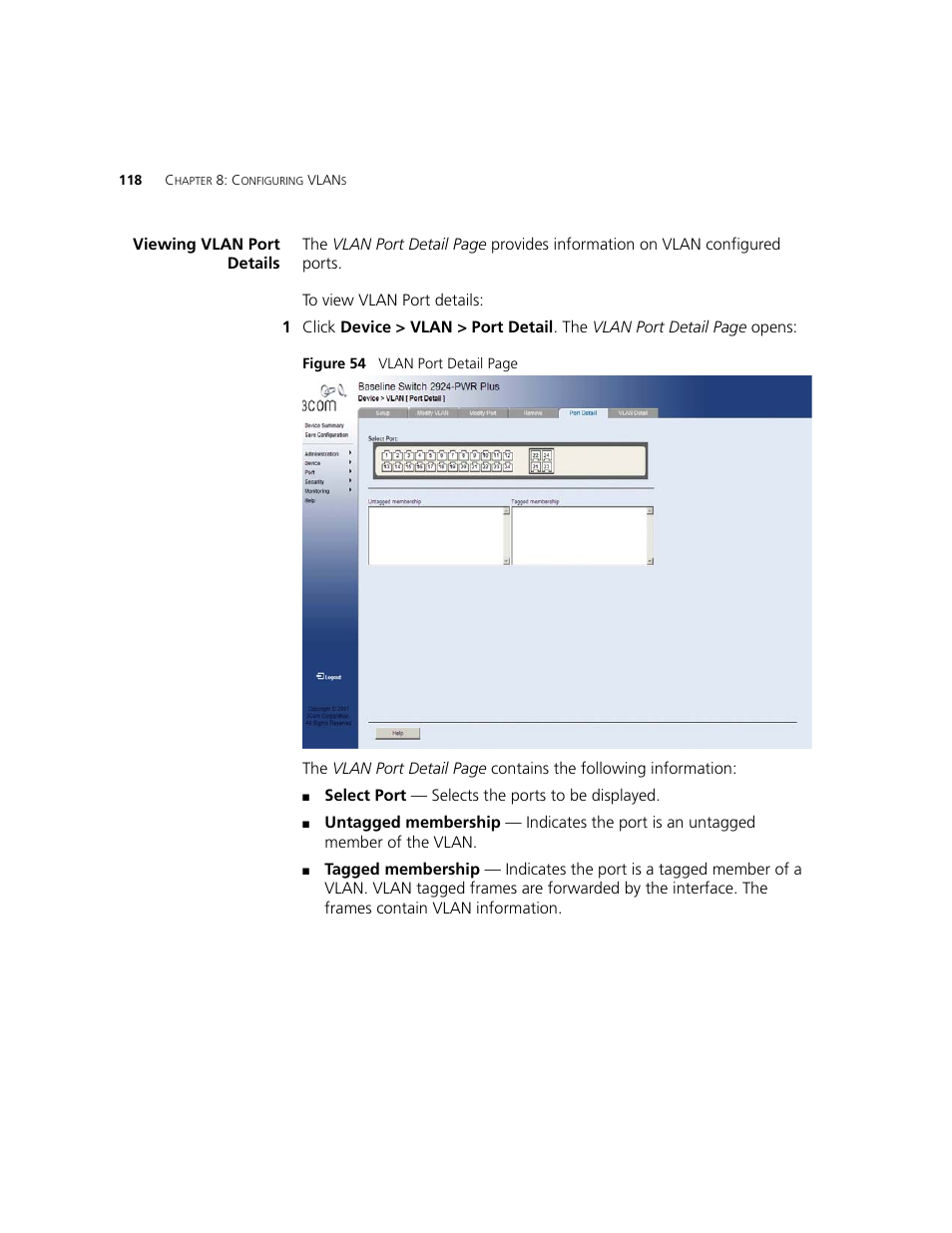 Viewing vlan port details | 3Com 2924-PWR User Manual | Page 118 / 248