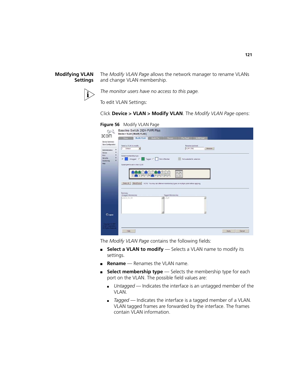 Modifying vlan settings | 3Com 2924-PWR User Manual | Page 121 / 248
