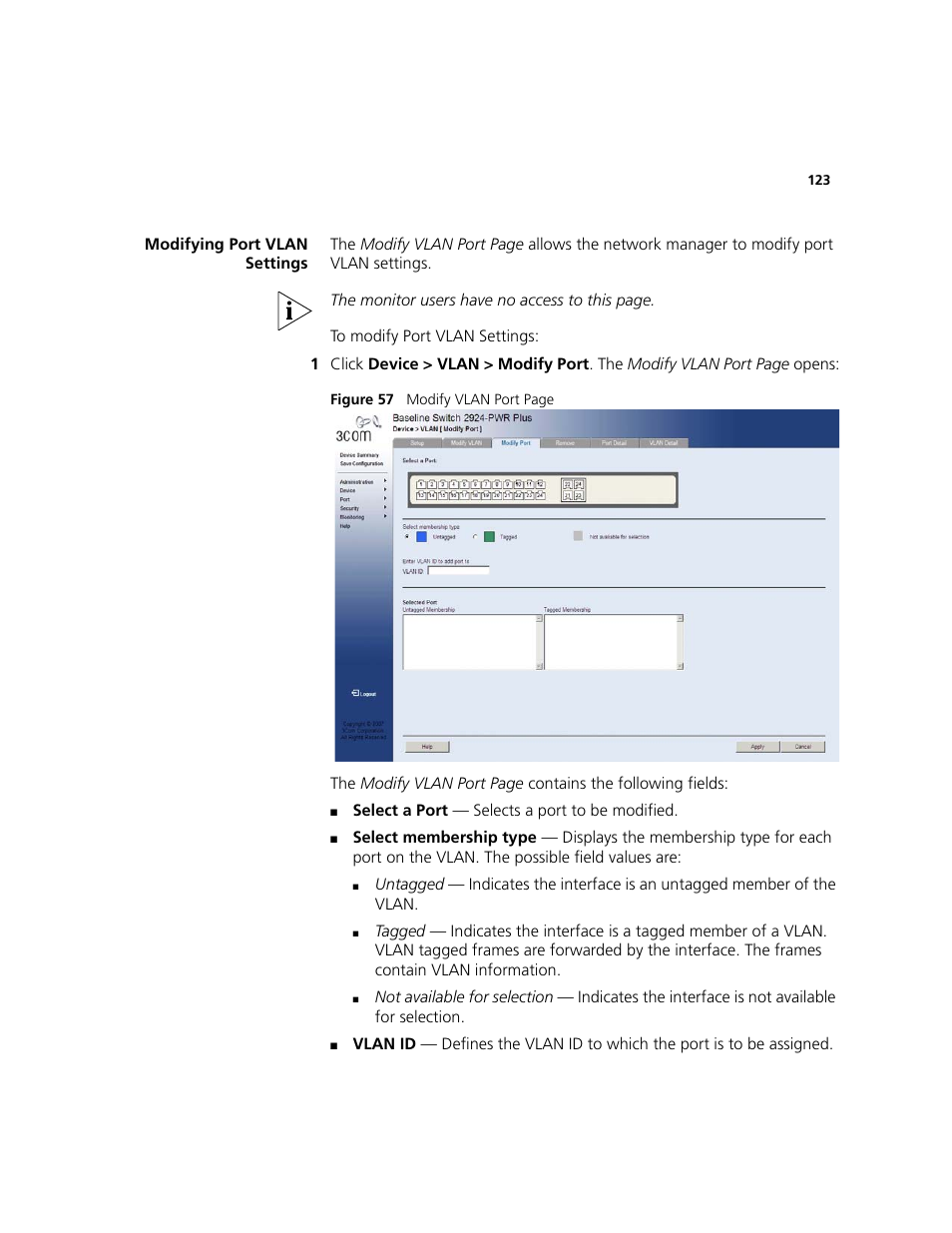Modifying port vlan settings | 3Com 2924-PWR User Manual | Page 123 / 248
