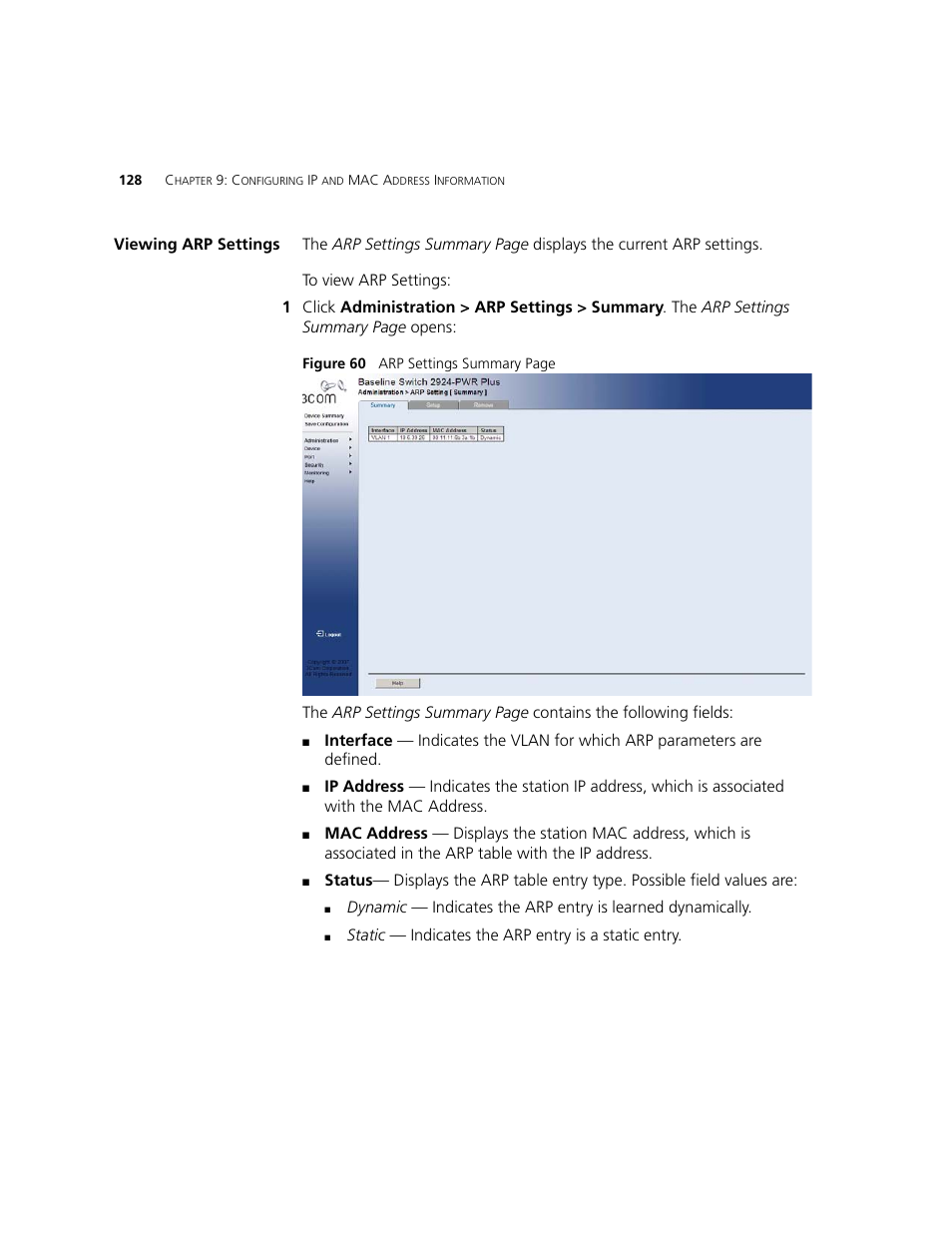 Viewing arp settings | 3Com 2924-PWR User Manual | Page 128 / 248