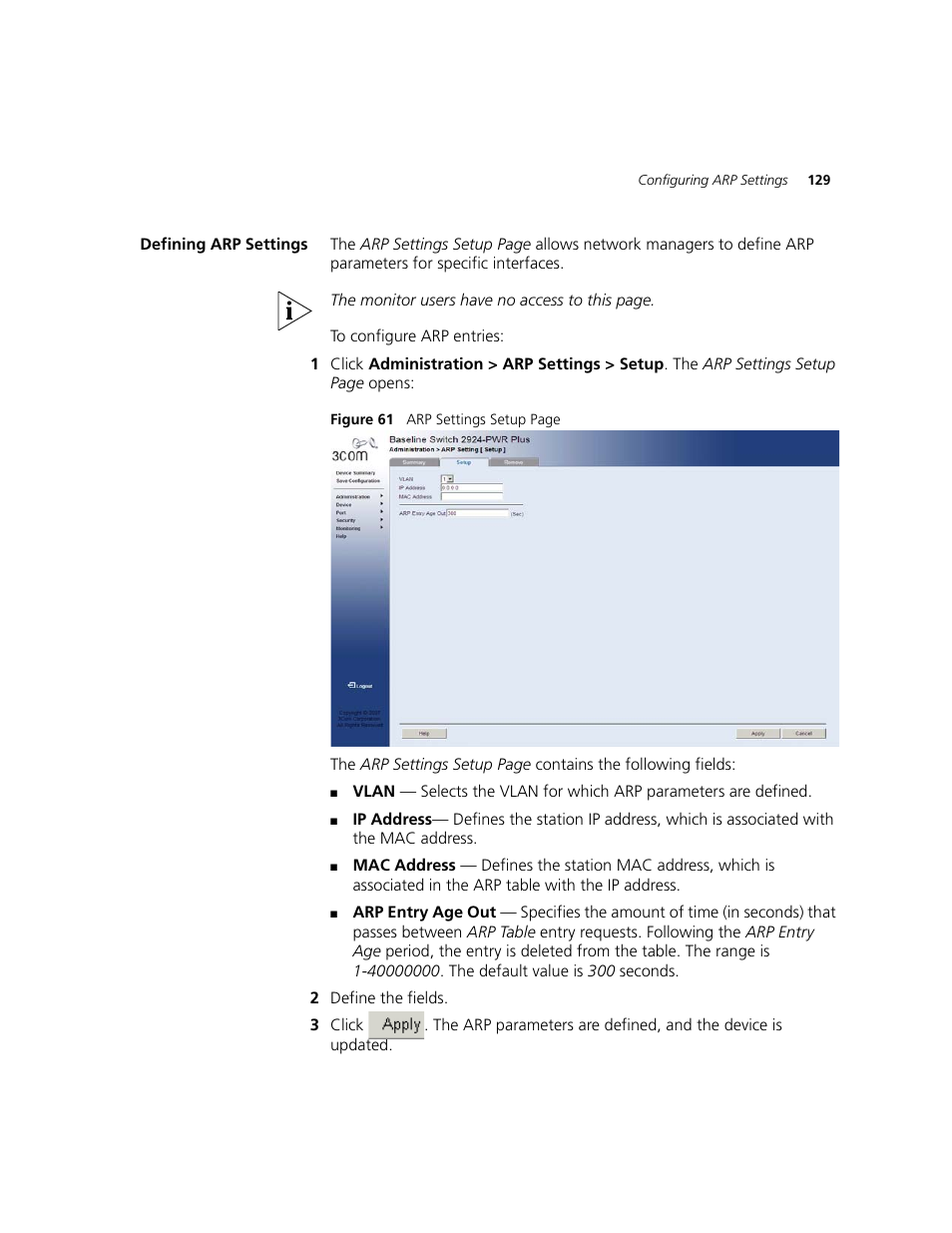 Defining arp settings | 3Com 2924-PWR User Manual | Page 129 / 248