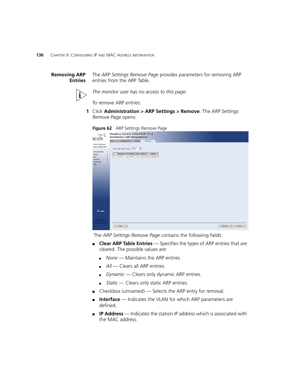 Removing arp entries | 3Com 2924-PWR User Manual | Page 130 / 248