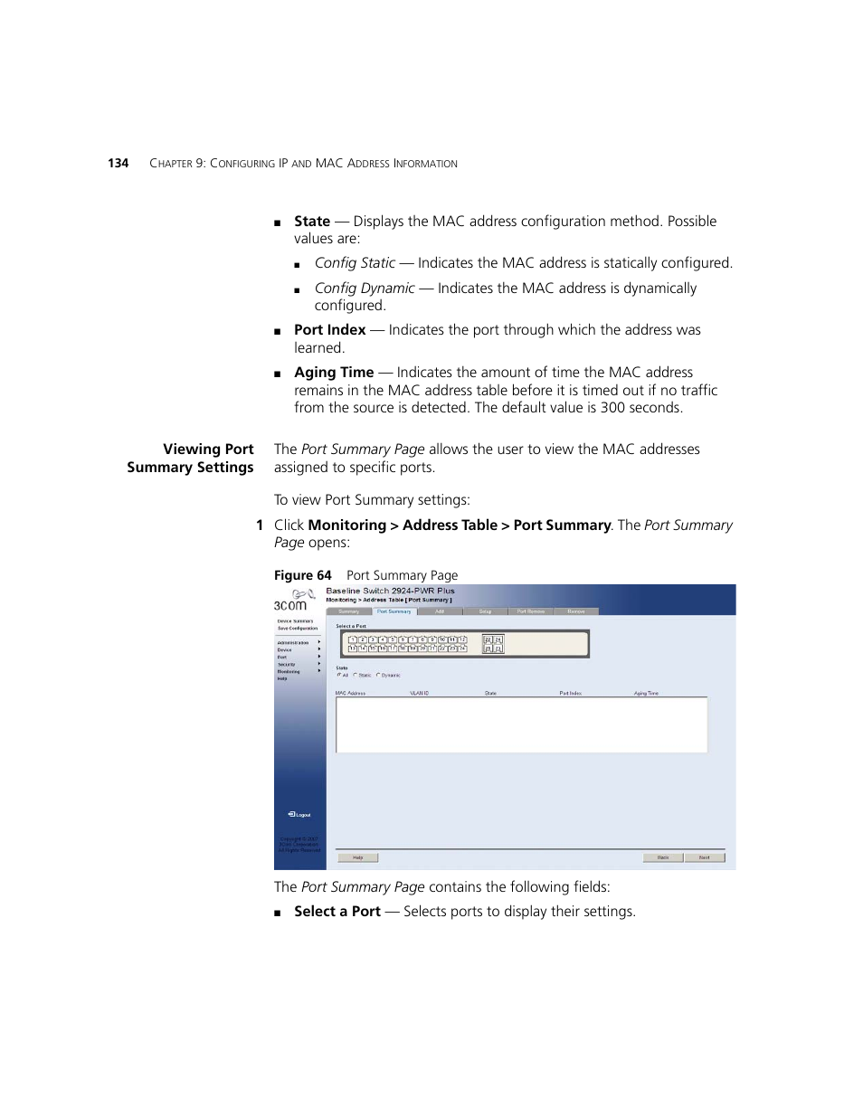 Viewing port summary settings | 3Com 2924-PWR User Manual | Page 134 / 248