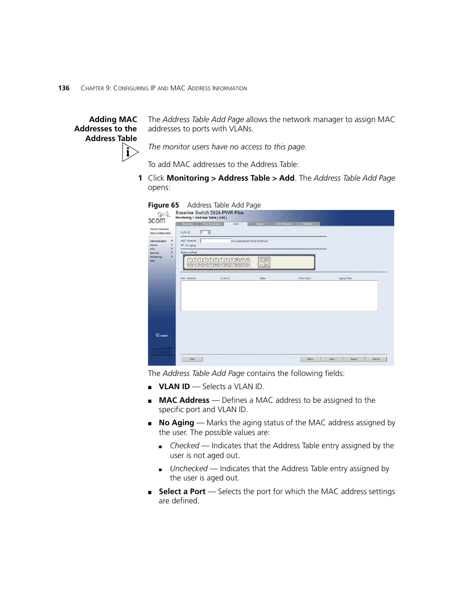 Adding mac addresses to the address table | 3Com 2924-PWR User Manual | Page 136 / 248