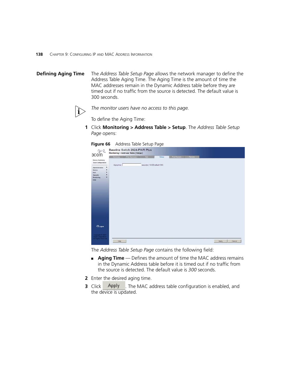 Defining aging time | 3Com 2924-PWR User Manual | Page 138 / 248