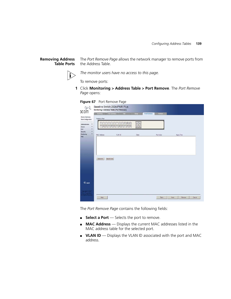 Removing address table ports | 3Com 2924-PWR User Manual | Page 139 / 248