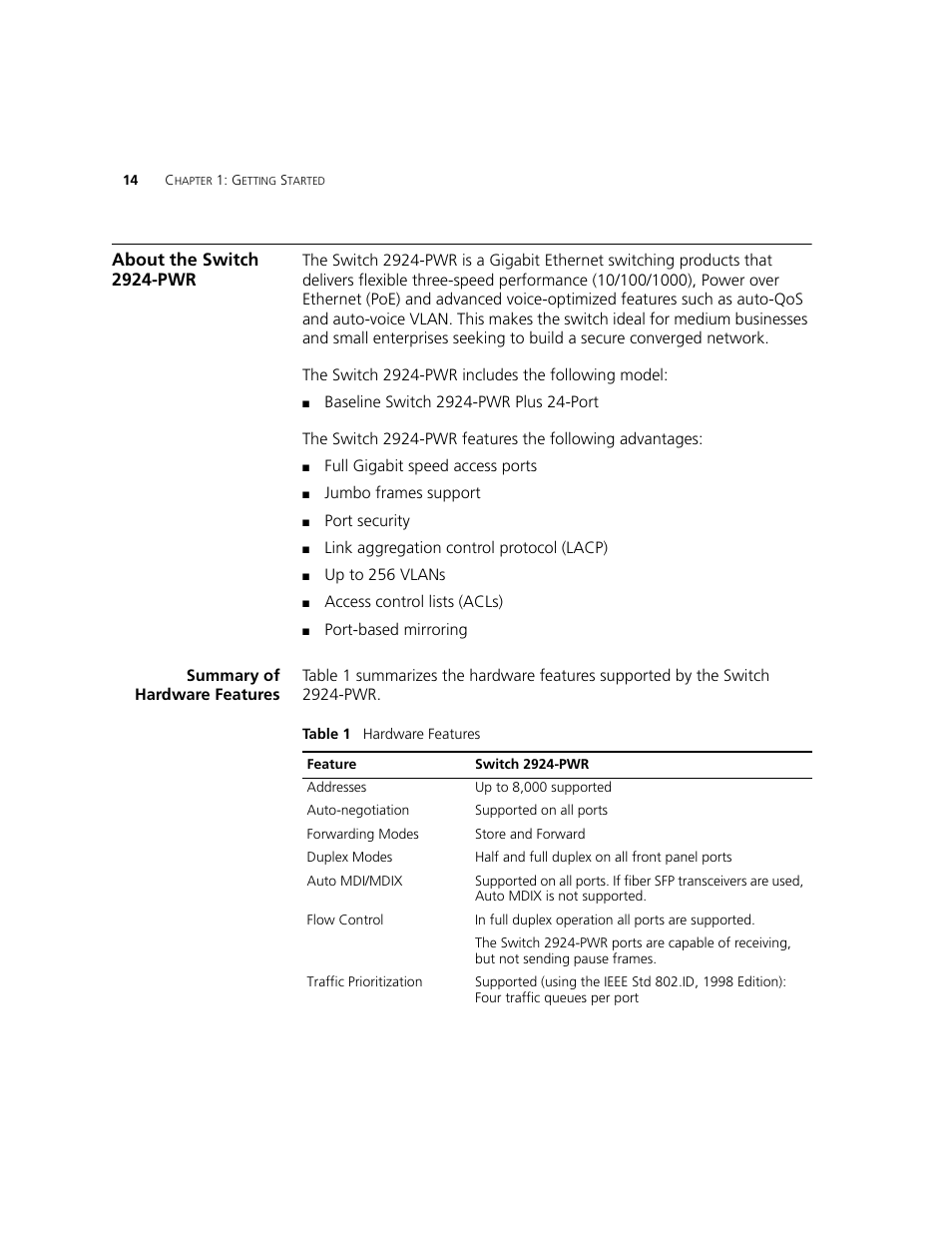 About the switch 2924-pwr, Summary of hardware features | 3Com 2924-PWR User Manual | Page 14 / 248