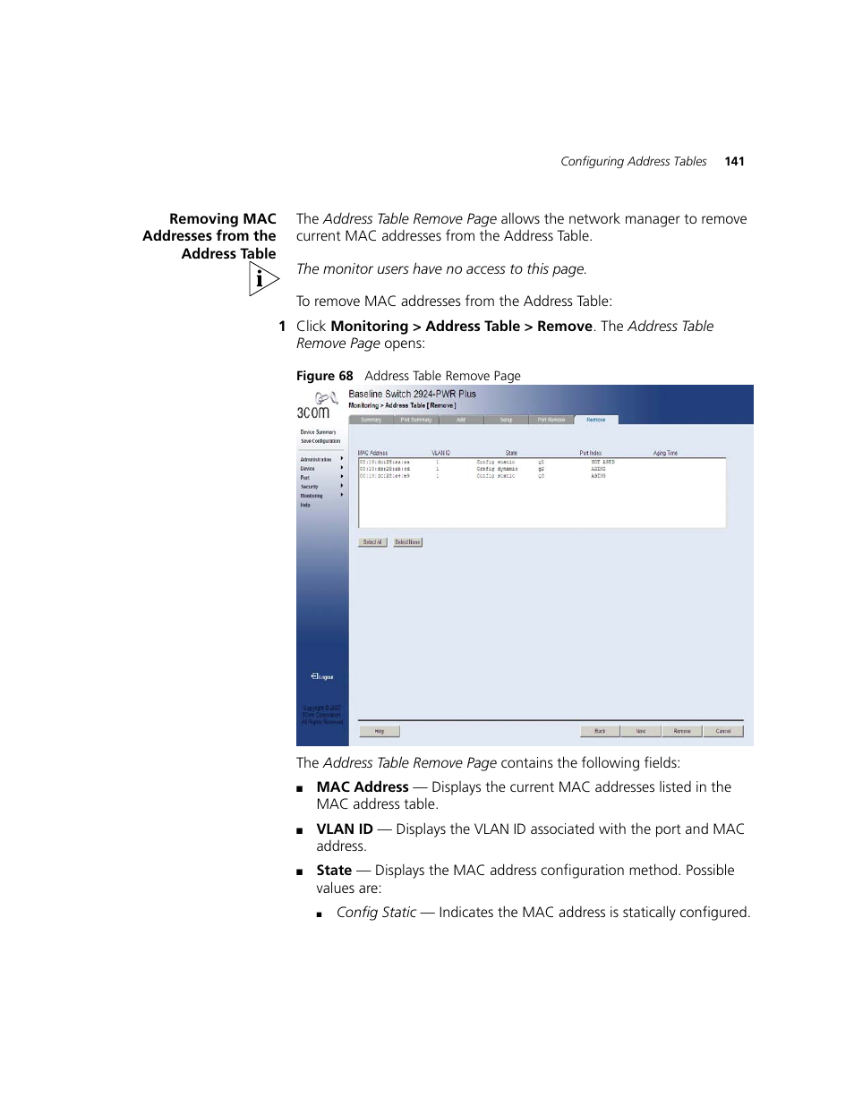 Removing mac addresses from the address table | 3Com 2924-PWR User Manual | Page 141 / 248