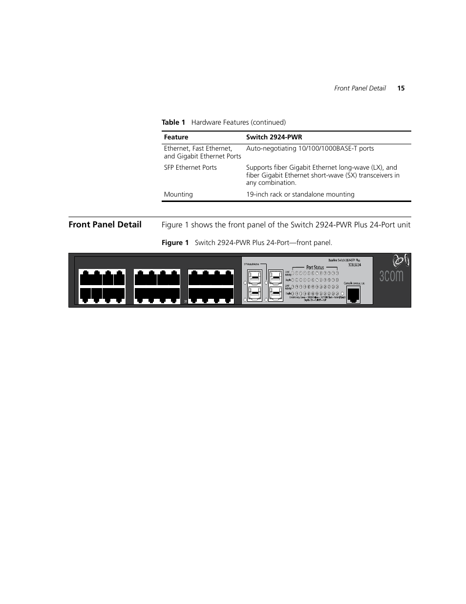 Front panel detail, Front panel detail 15 | 3Com 2924-PWR User Manual | Page 15 / 248