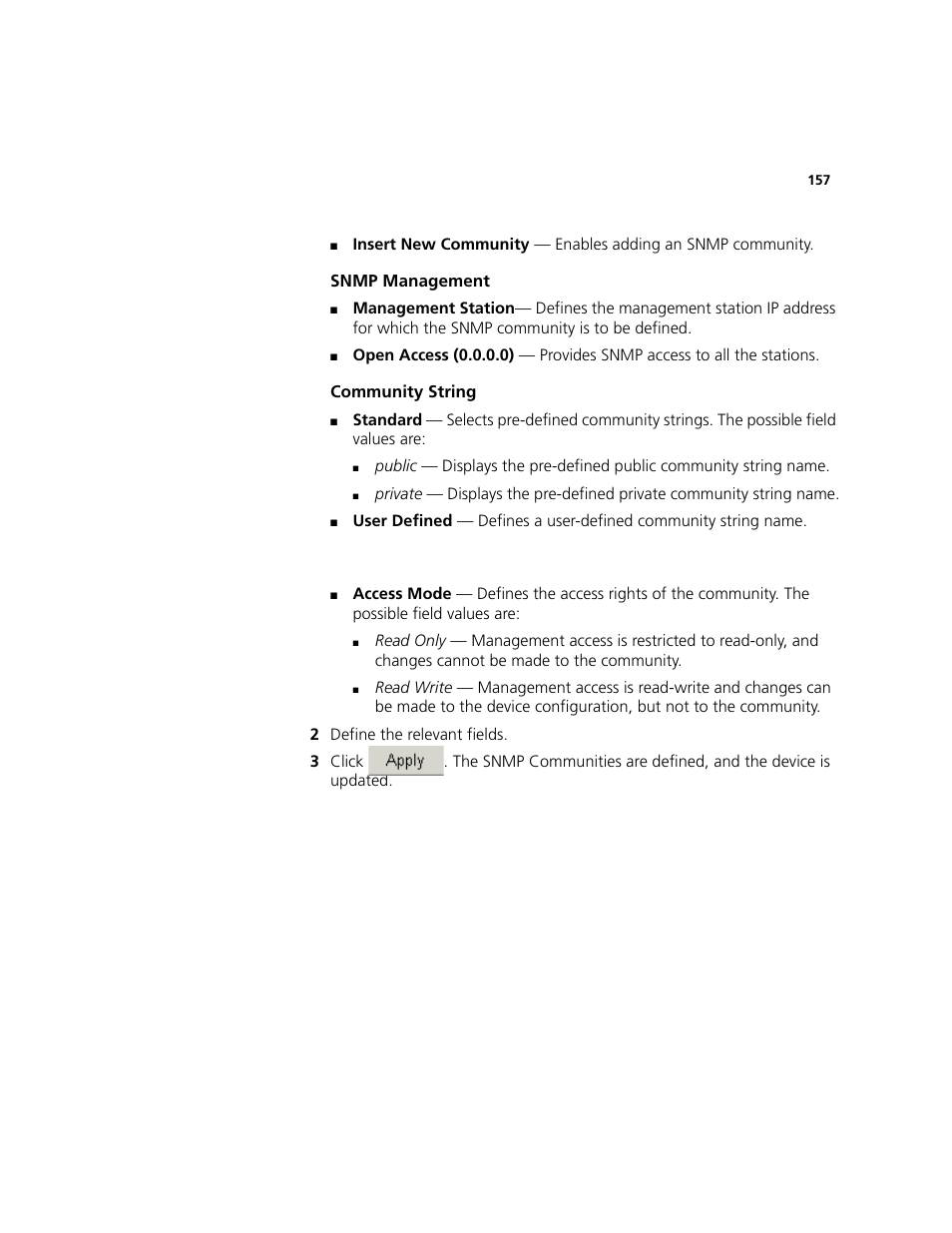 Snmp management, Community string | 3Com 2924-PWR User Manual | Page 157 / 248