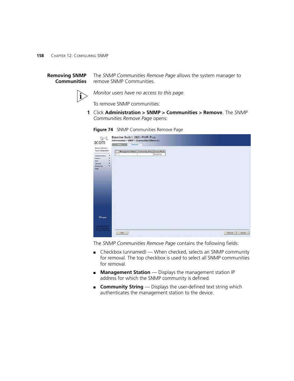 Removing snmp communities | 3Com 2924-PWR User Manual | Page 158 / 248