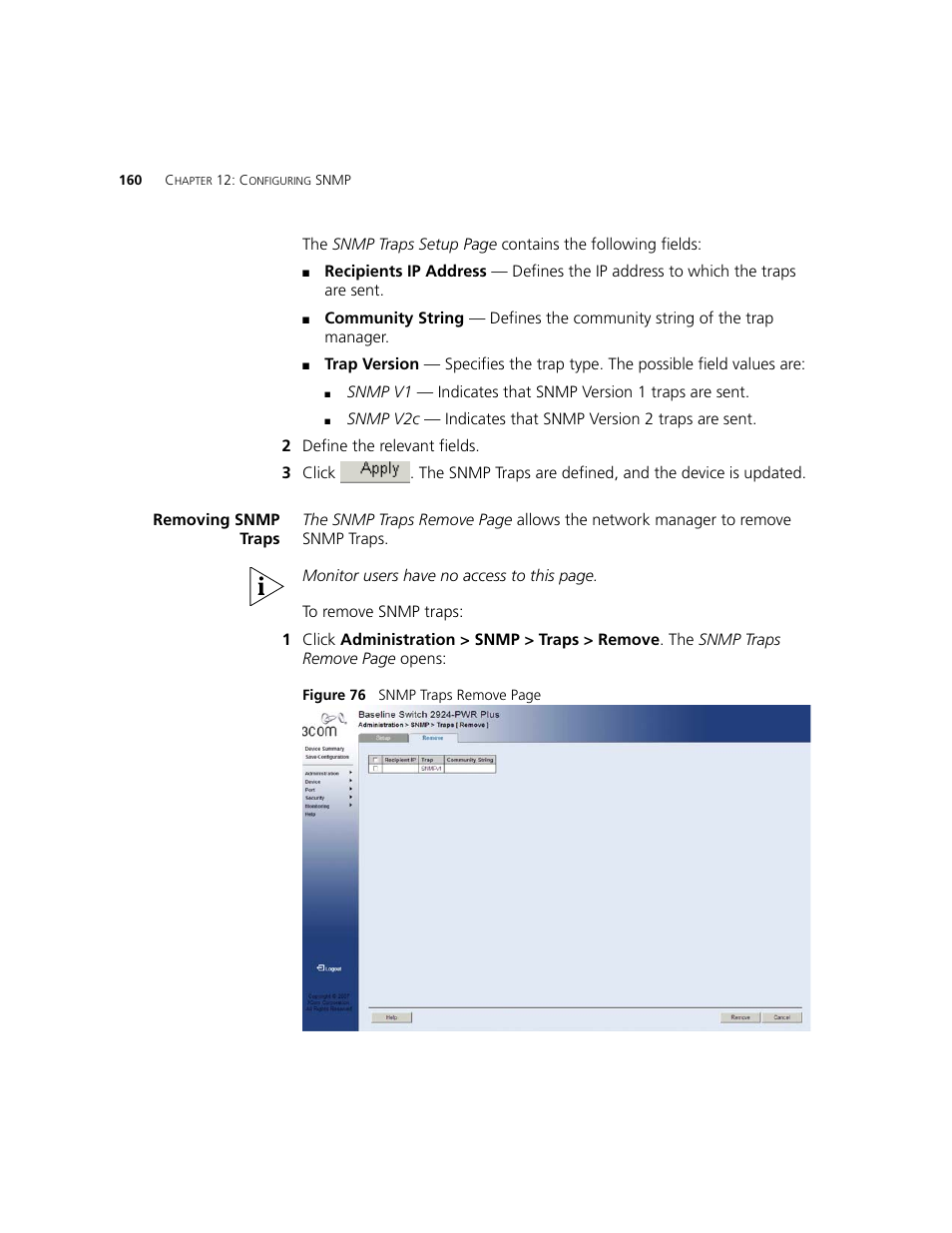 Removing snmp traps | 3Com 2924-PWR User Manual | Page 160 / 248