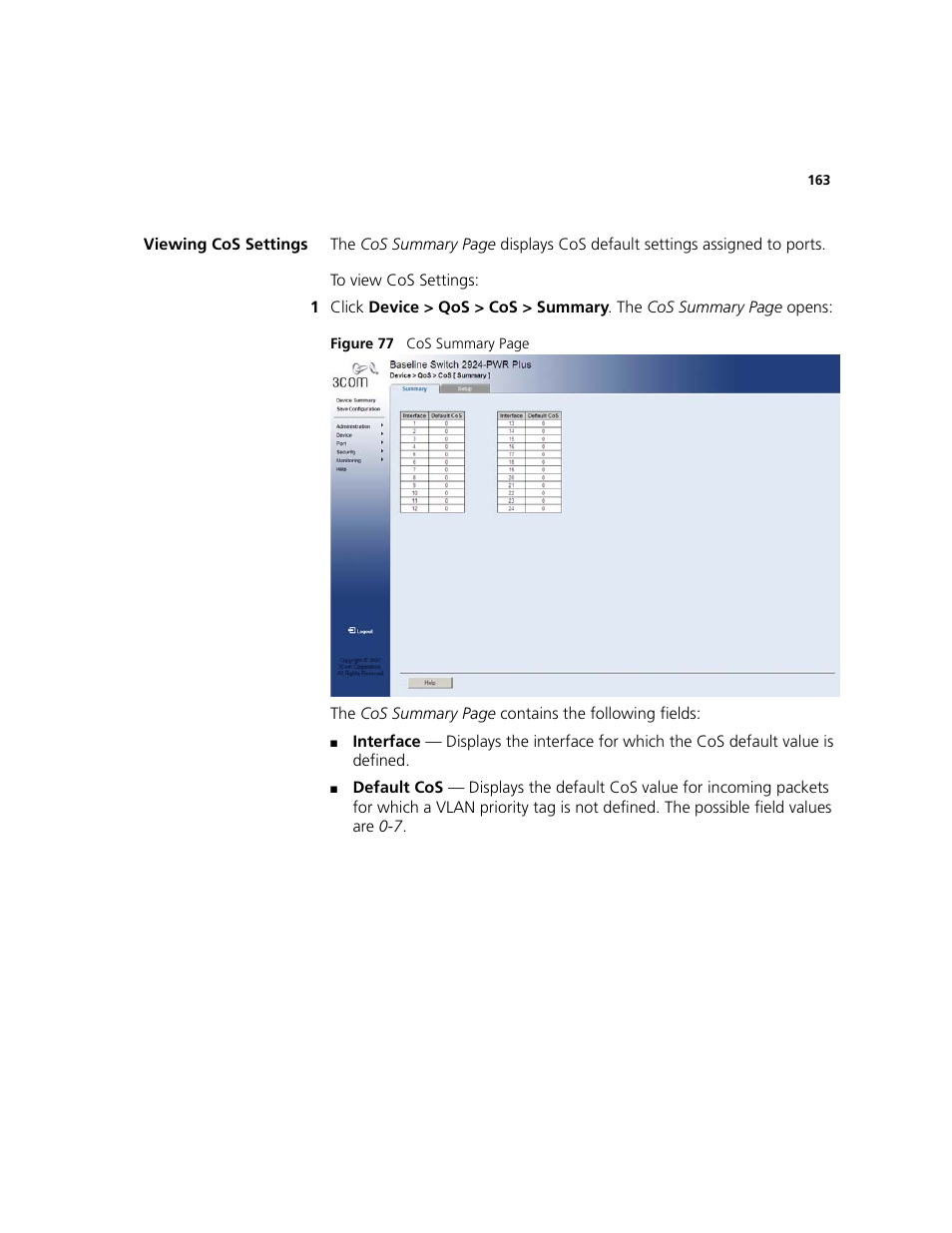 Viewing cos settings | 3Com 2924-PWR User Manual | Page 163 / 248