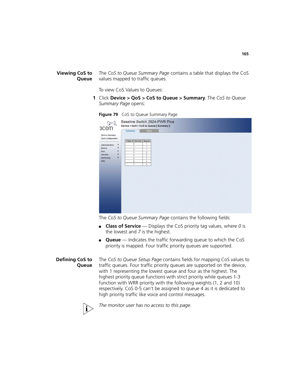 Viewing cos to queue, Defining cos to queue, Viewing cos to queue defining cos to queue | 3Com 2924-PWR User Manual | Page 165 / 248