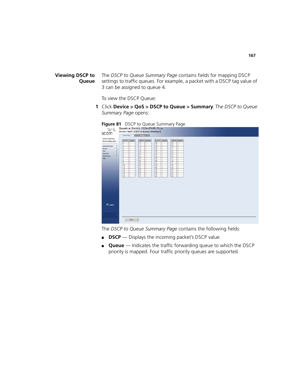 Viewing dscp to queue | 3Com 2924-PWR User Manual | Page 167 / 248