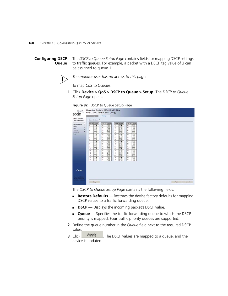 Configuring dscp queue | 3Com 2924-PWR User Manual | Page 168 / 248