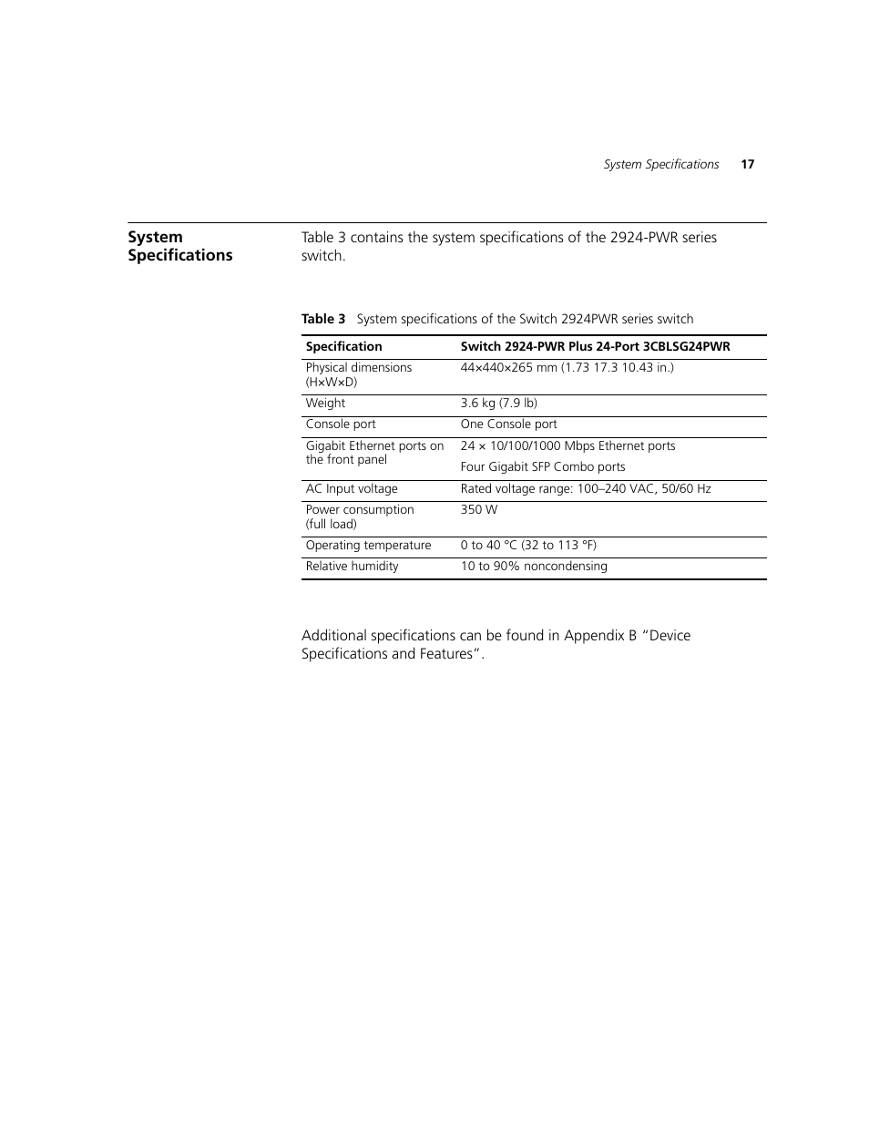 System specifications | 3Com 2924-PWR User Manual | Page 17 / 248
