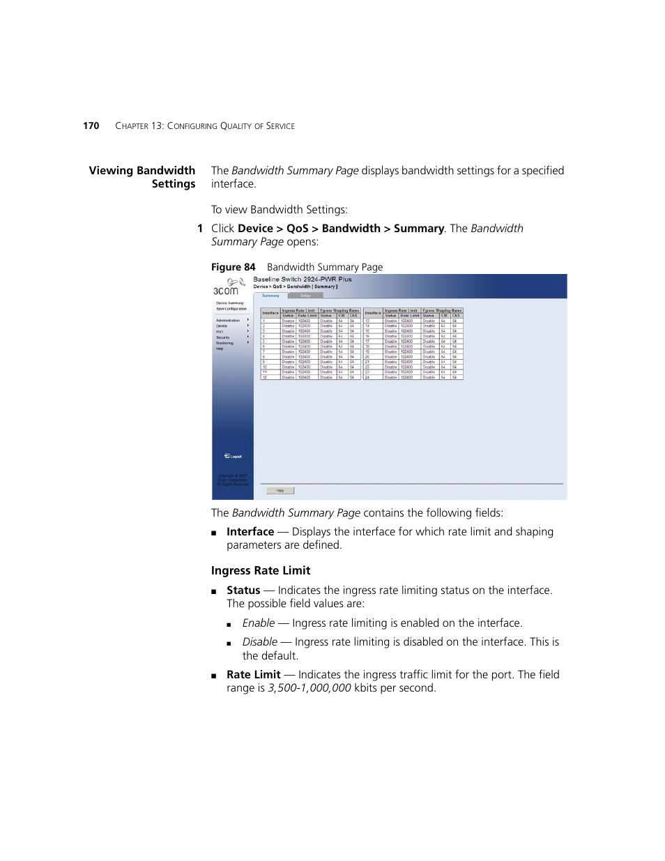 Viewing bandwidth settings, Ingress rate limit | 3Com 2924-PWR User Manual | Page 170 / 248