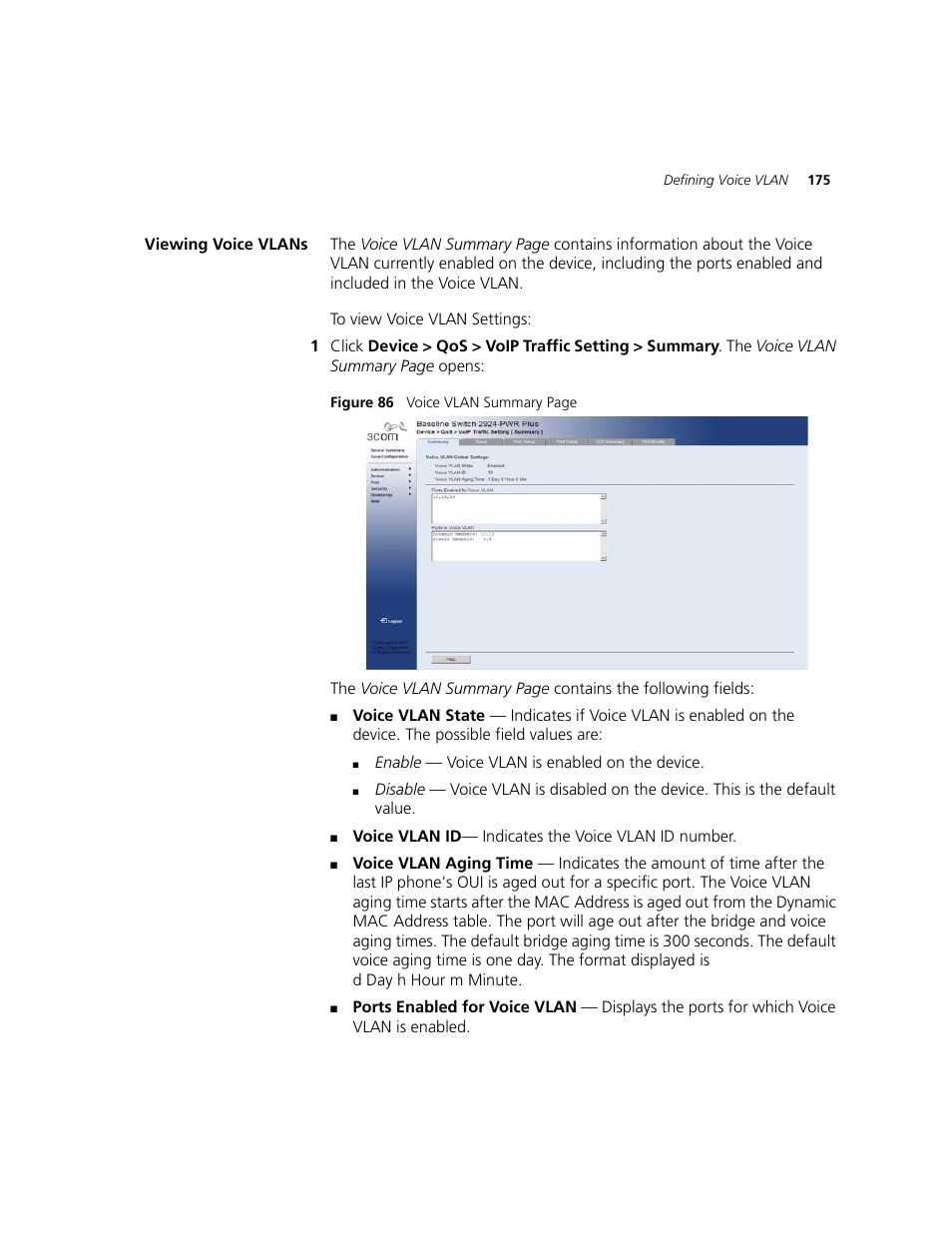 Viewing voice vlans | 3Com 2924-PWR User Manual | Page 175 / 248
