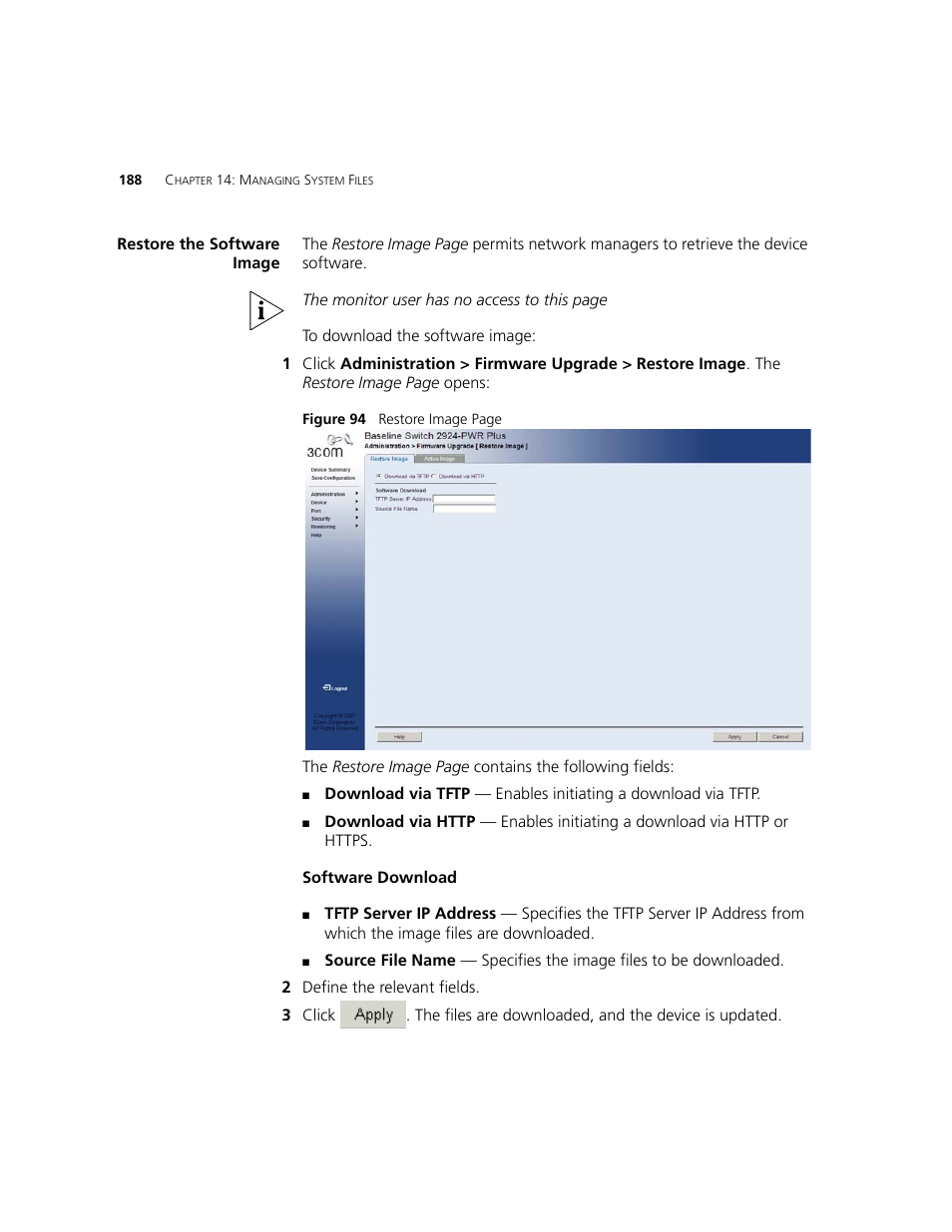 Restore the software image | 3Com 2924-PWR User Manual | Page 188 / 248
