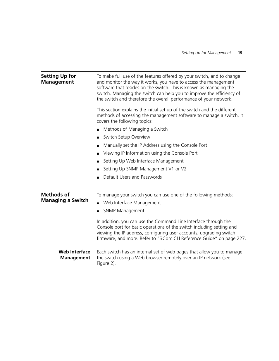Setting up for management, Methods of managing a switch, Web interface management | 3Com 2924-PWR User Manual | Page 19 / 248