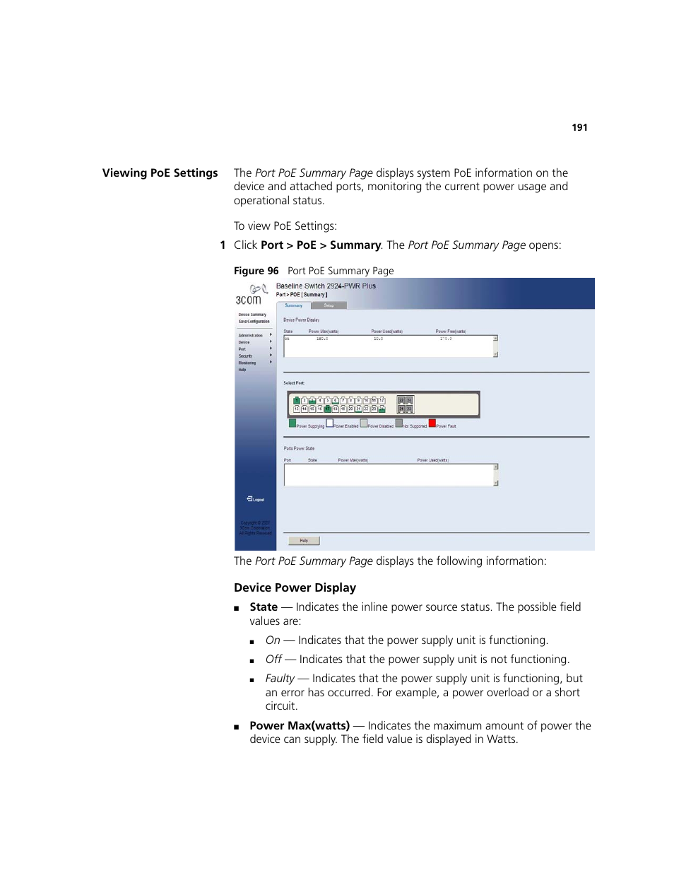 Viewing poe settings | 3Com 2924-PWR User Manual | Page 191 / 248