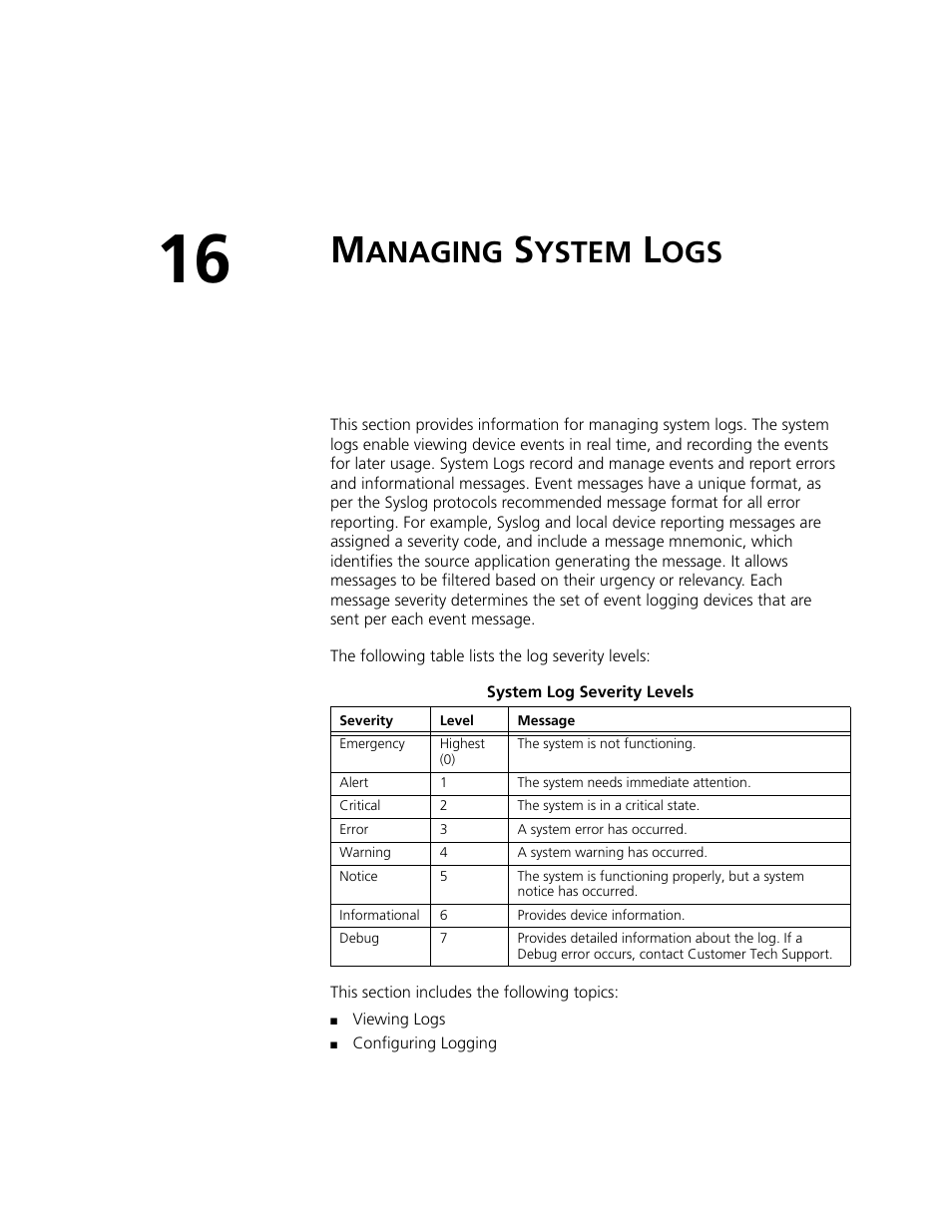 Managing system logs, Managing system logs — pr, Anaging | Ystem | 3Com 2924-PWR User Manual | Page 195 / 248