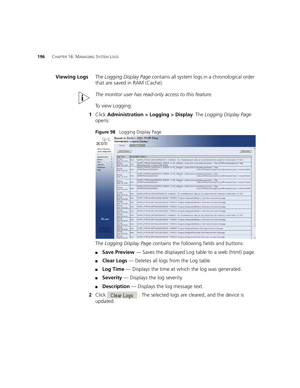 Viewing logs | 3Com 2924-PWR User Manual | Page 196 / 248
