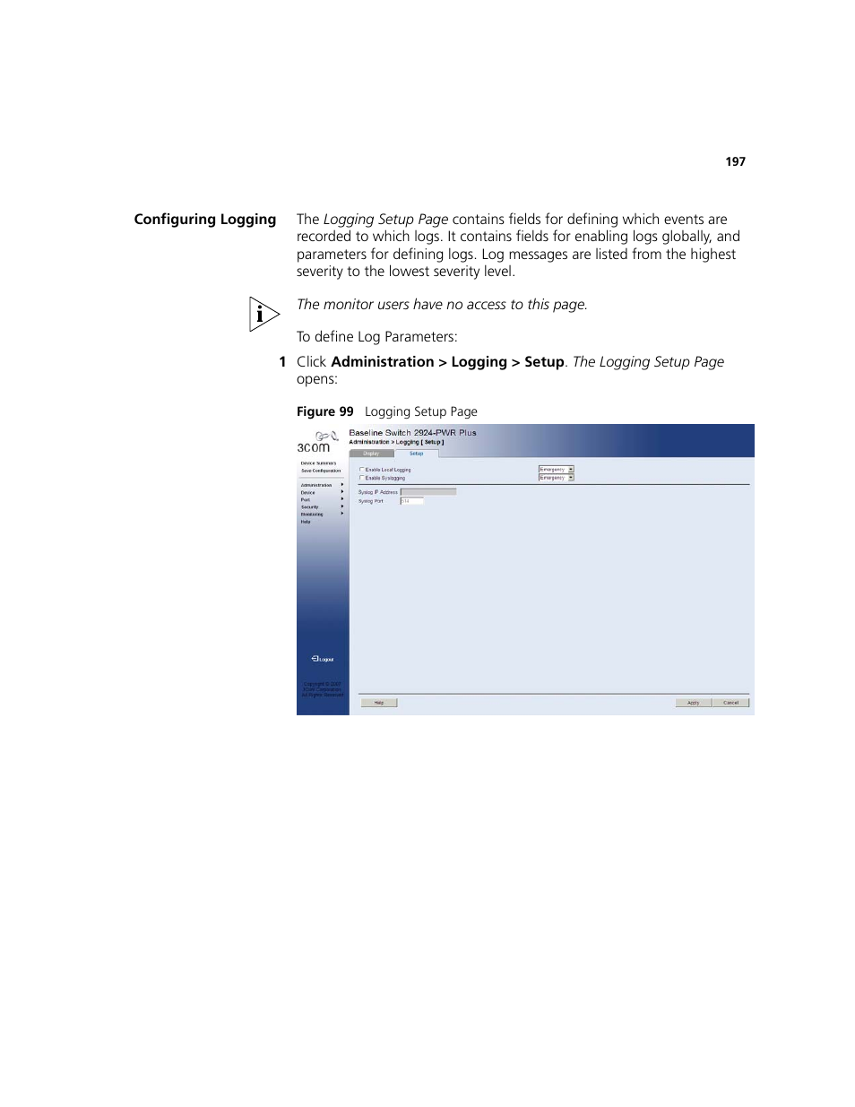 Configuring logging | 3Com 2924-PWR User Manual | Page 197 / 248
