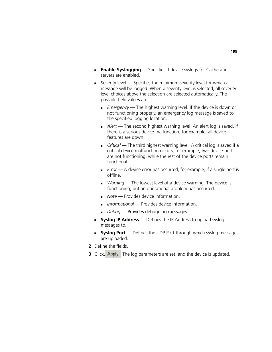 Informational — provides device information, Debug — provides debugging messages | 3Com 2924-PWR User Manual | Page 199 / 248